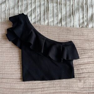 Express Black One-Shoulder Ruffle Crop Top